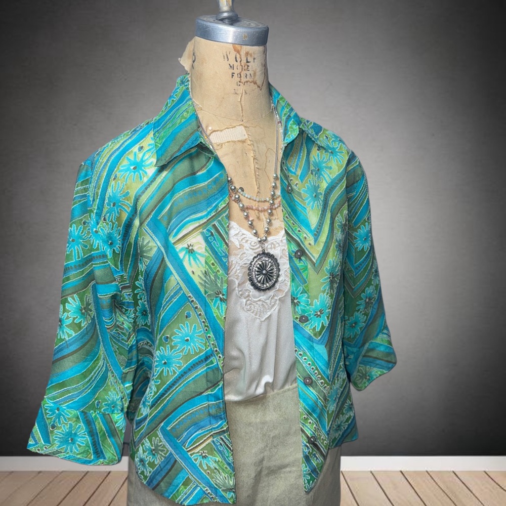 Vintage Choices Vibrant Green and Blue Floral Blouse